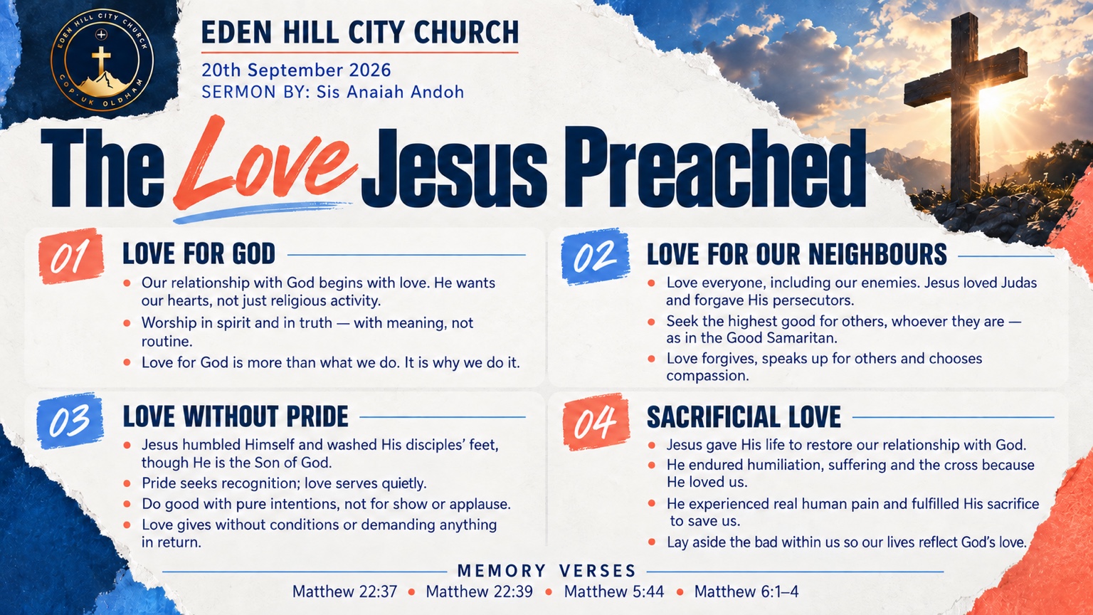 The Love Jesus Preached — sermon poster, Sis Anaiah Andoh, 20 September 2026