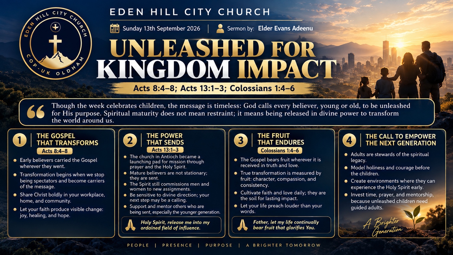 Unleashed for Kingdom Impact — sermon poster, Elder Evans Adeenu, 13 September 2026